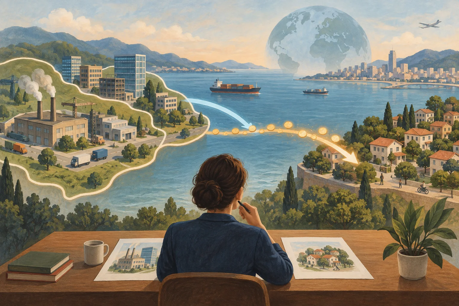 A scene contrasts production within an economic territory with income flowing across a border to residents.