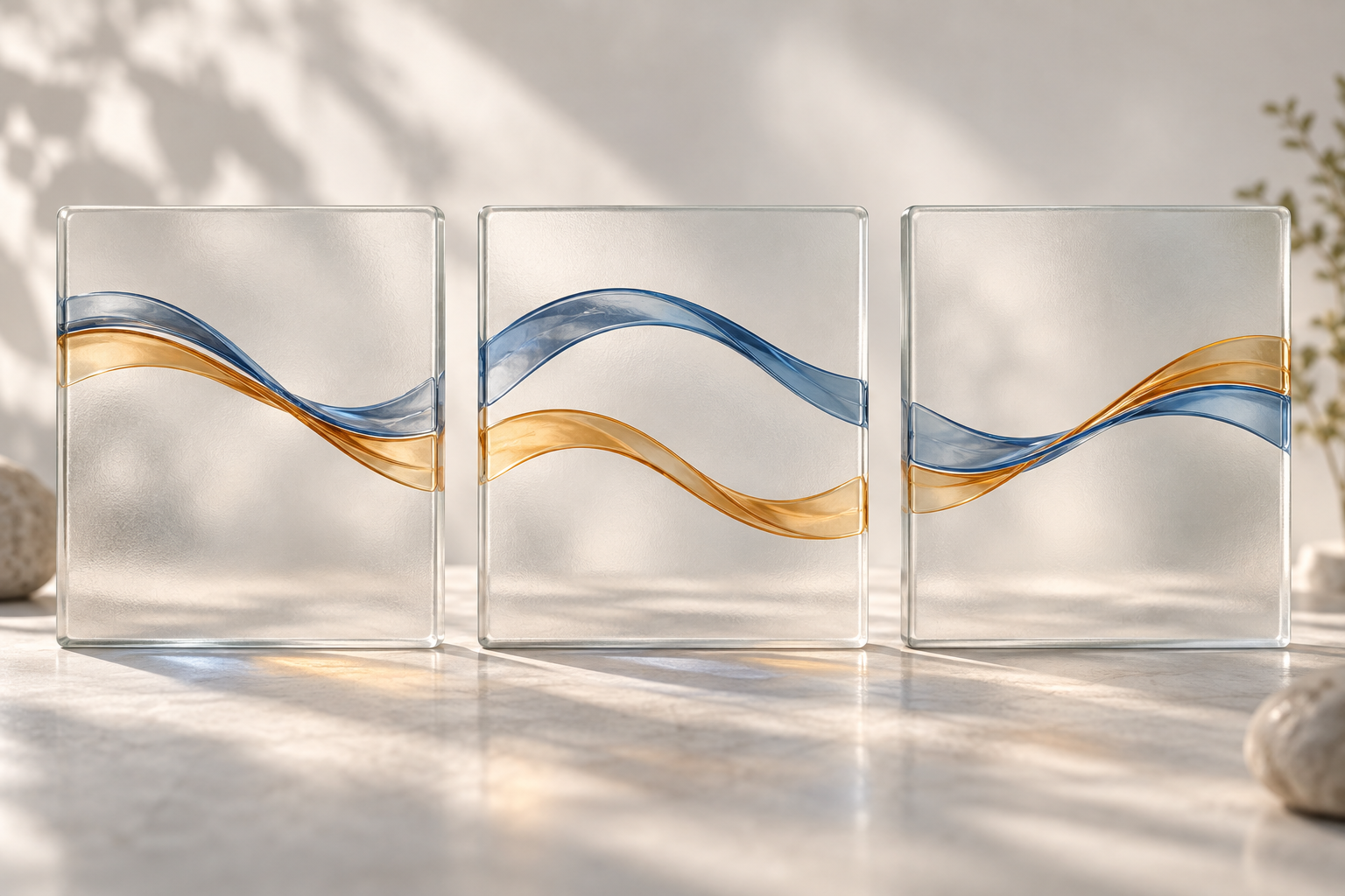 Three clear glass panels show blue and amber paths alternating in relative position, suggesting forecast performance can change with conditions