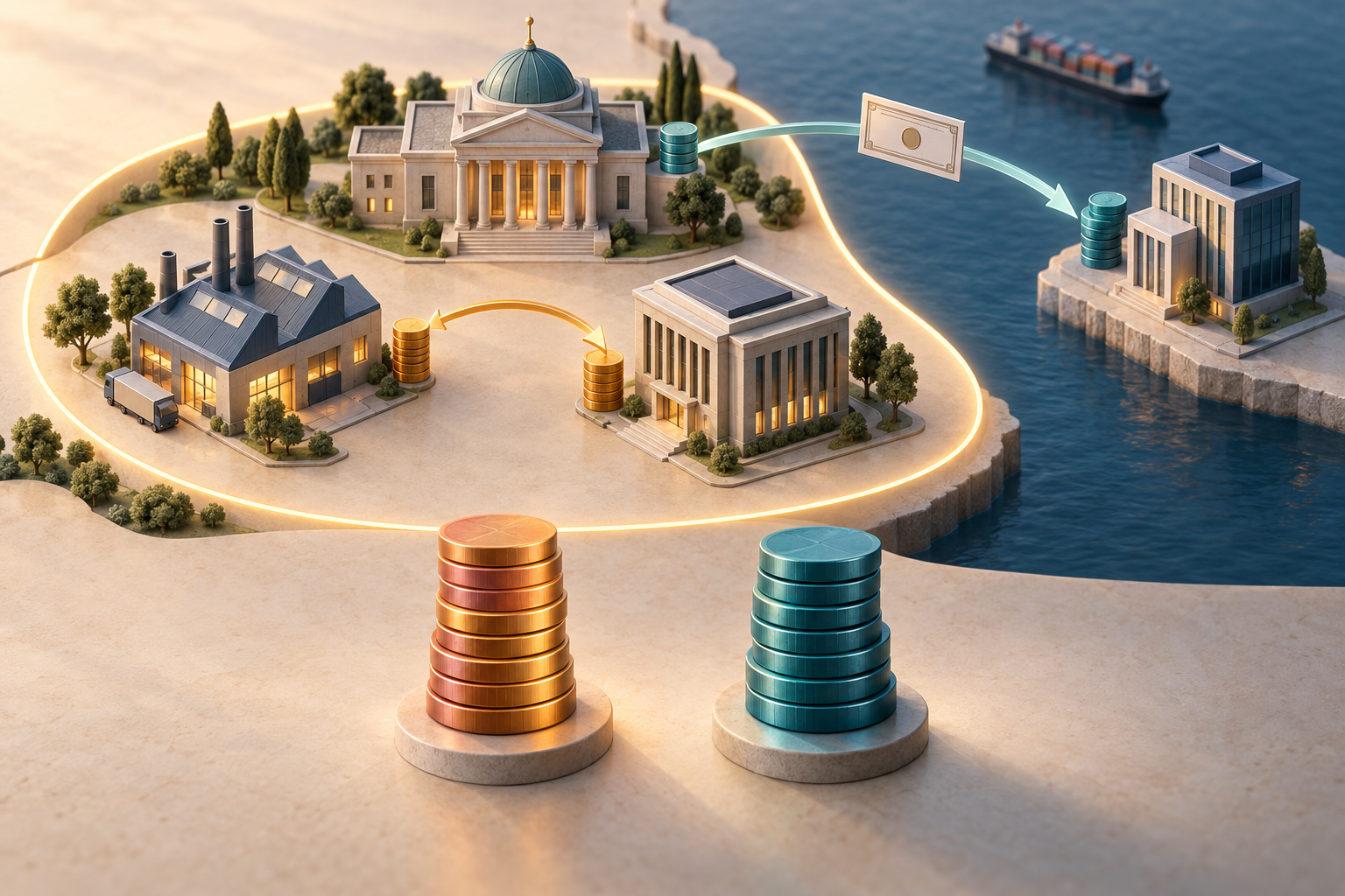 A glowing boundary encloses a treasury, manufacturer, and bank; the treasury’s bond reaches an investor outside, while a company borrows from a local bank inside. Separate stacks represent gross debt and external assets.
