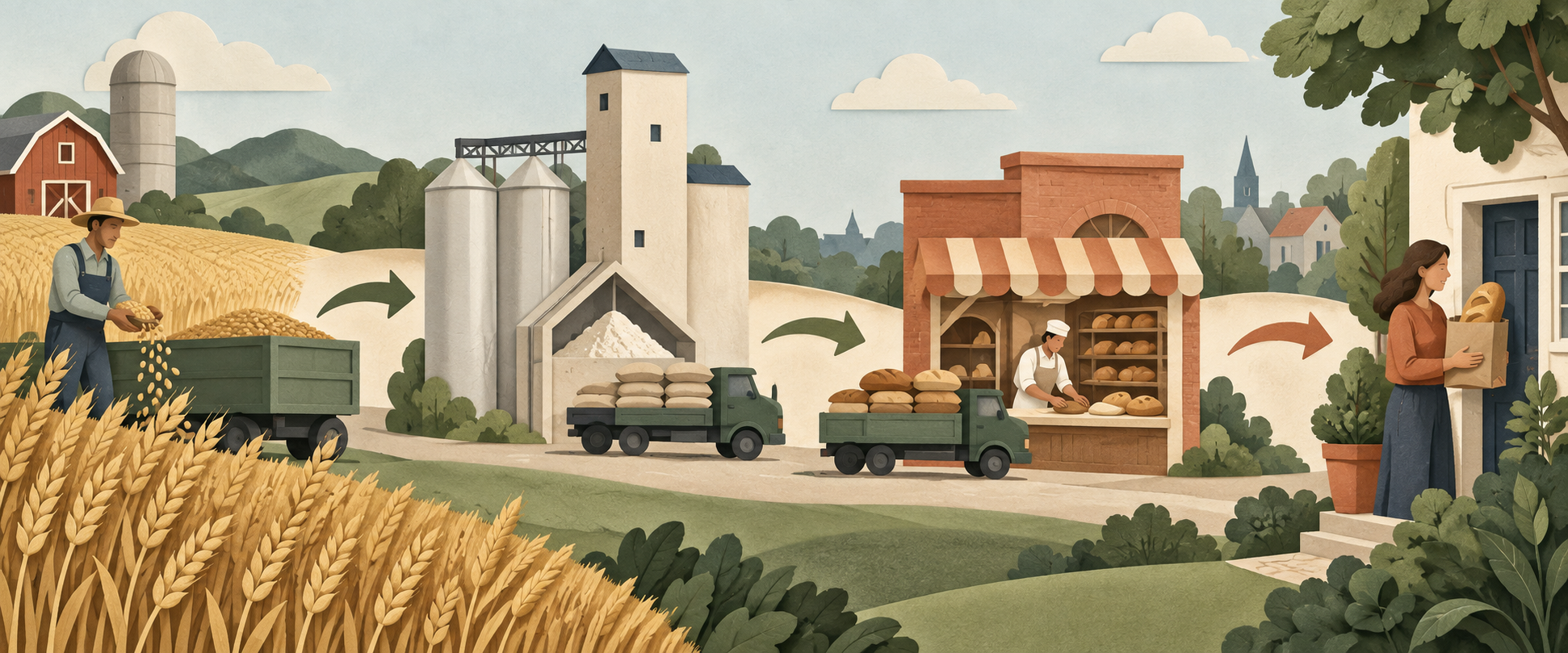 Text-free conceptual scene, left to right: a farmer loads harvested grain into a truck, a mill turns the grain into flour, a bakery sells bread, and a person carries a loaf home, with arrows between stages.