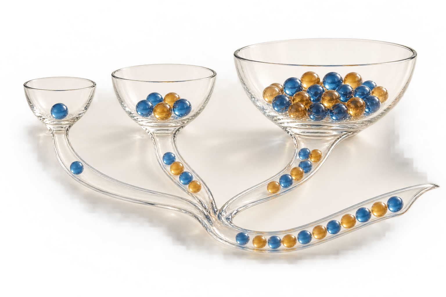 Three clear glass bowls grow from small to large and hold different amounts of blue and amber beads; transparent channels converge into a gently rising glass ribbon