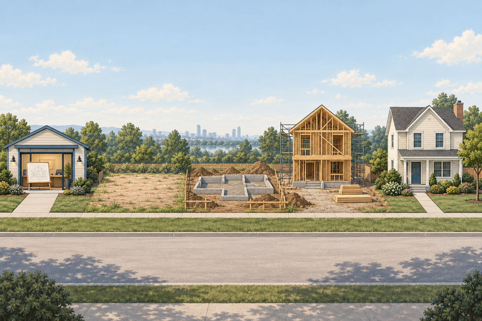 Text-free conceptual scene moving left to right from a small permit office with a house plan, to foundation excavation, a framed home under construction, and a completed home.