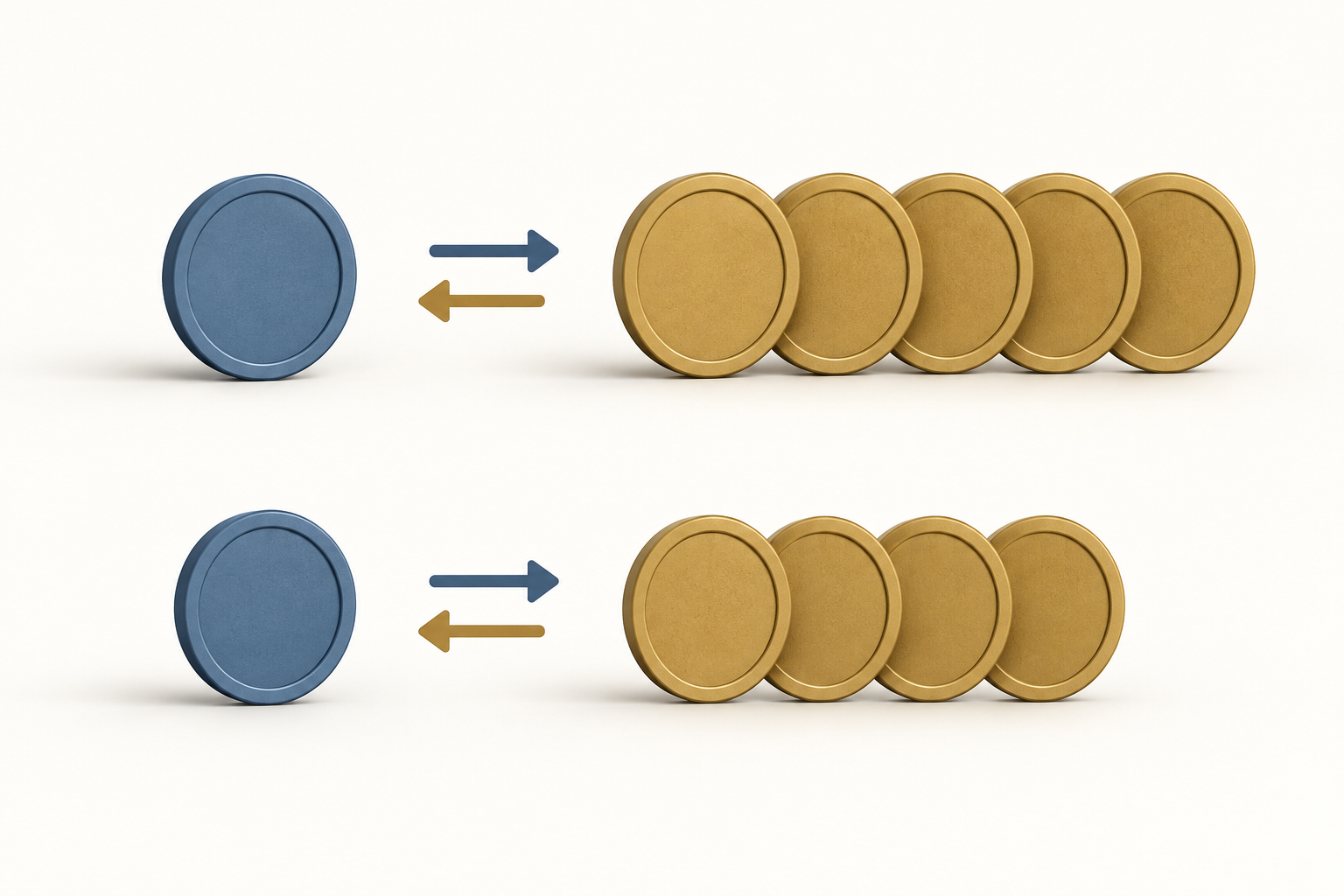 One blank blue coin faces two different stacks of gold coins, with opposing arrows showing the two exchange directions.