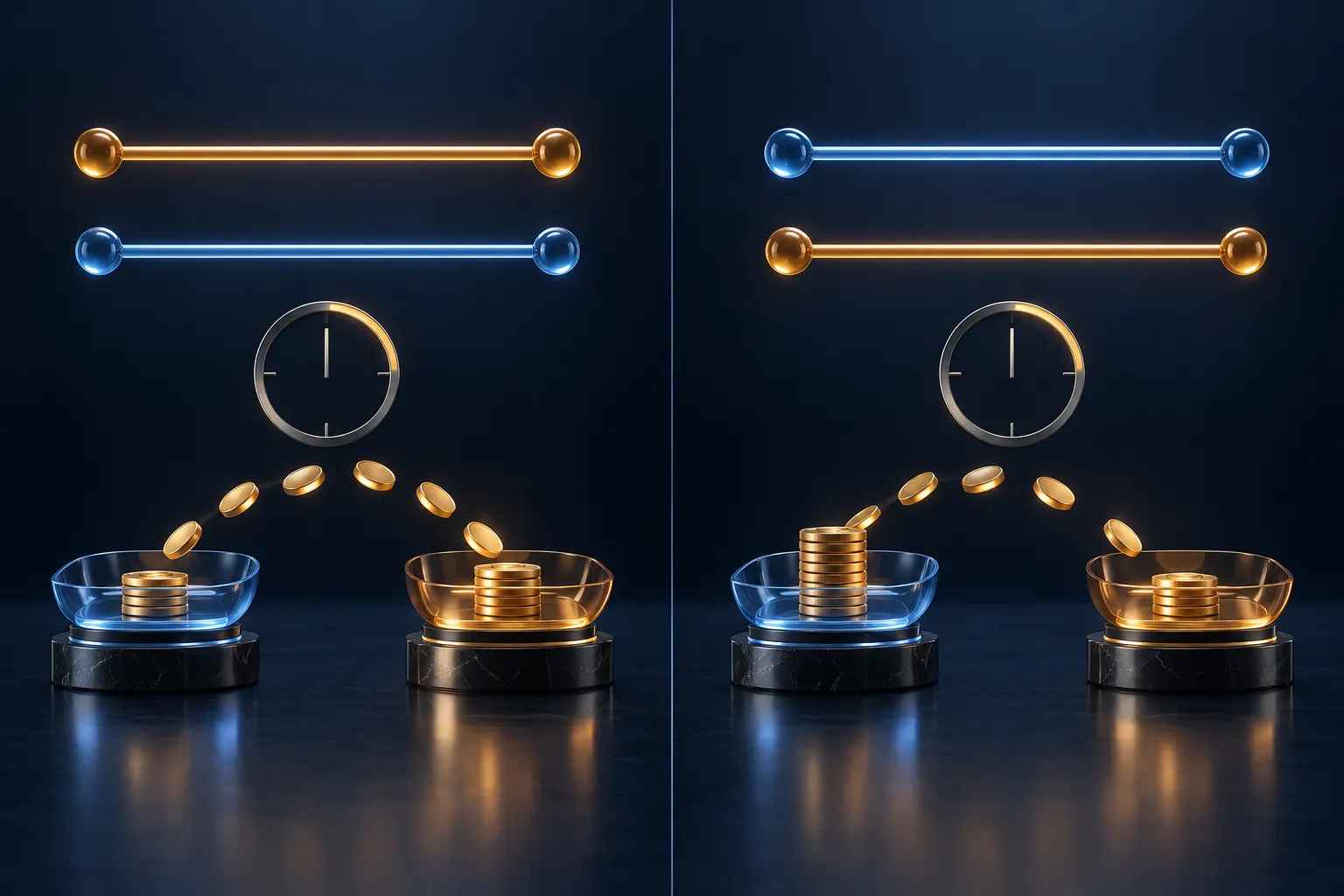 Two mirrored panels show a token transfer from long to short when the premium is positive and the reverse transfer when it is negative.