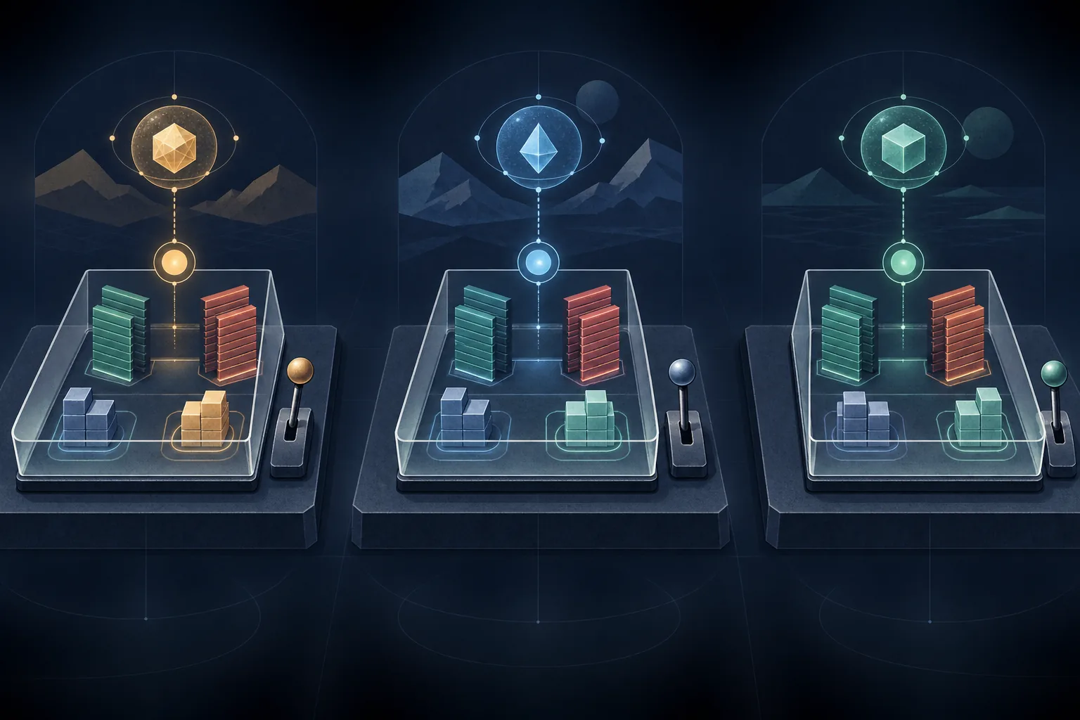 Three separate market trays each have their own oracle beacon, order-book stacks, collateral blocks, and deployer control lever.
