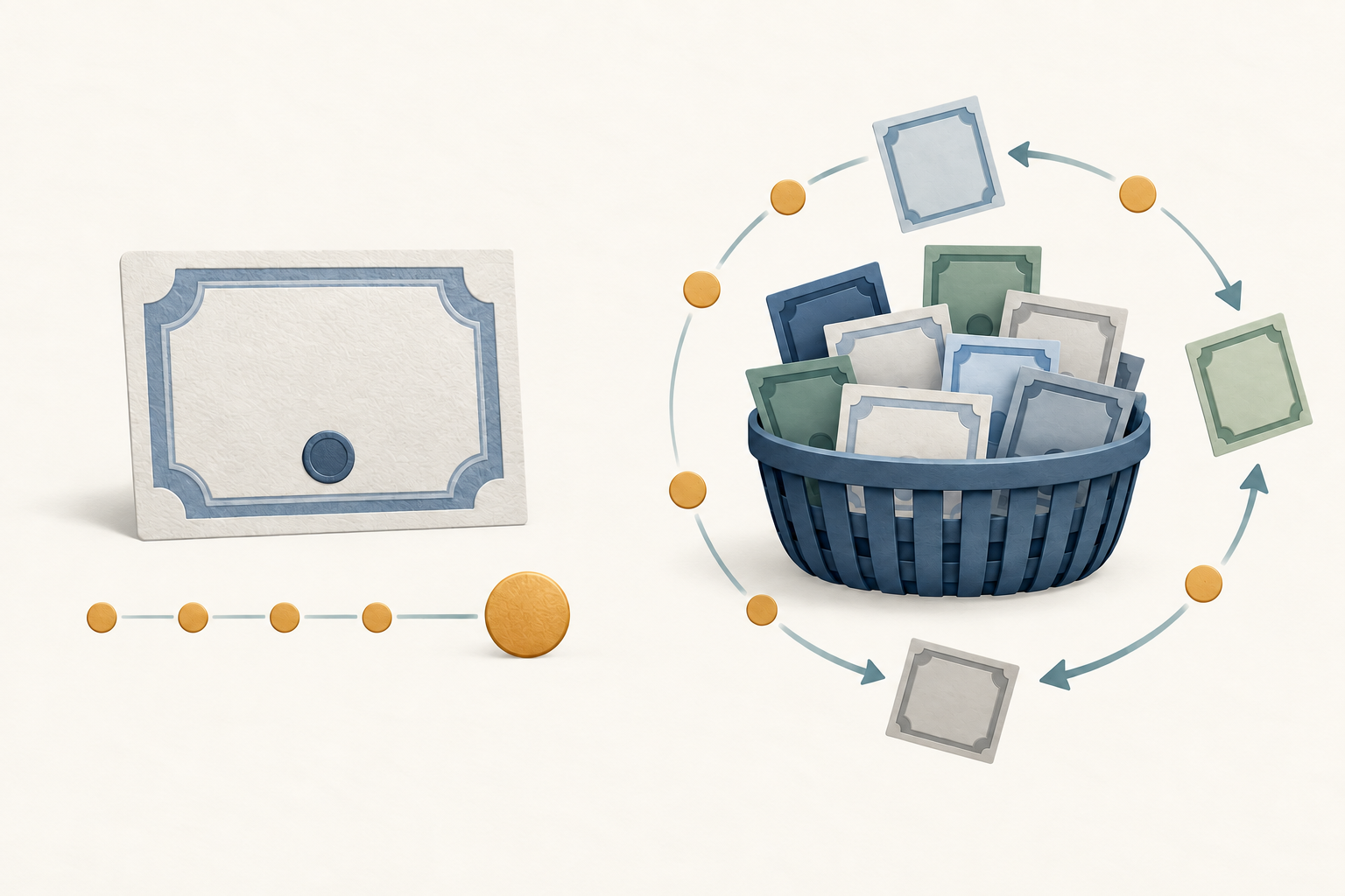 A single bond card with spaced coupon points and one larger maturity payment beside a basket of bonds with recurring payment markers