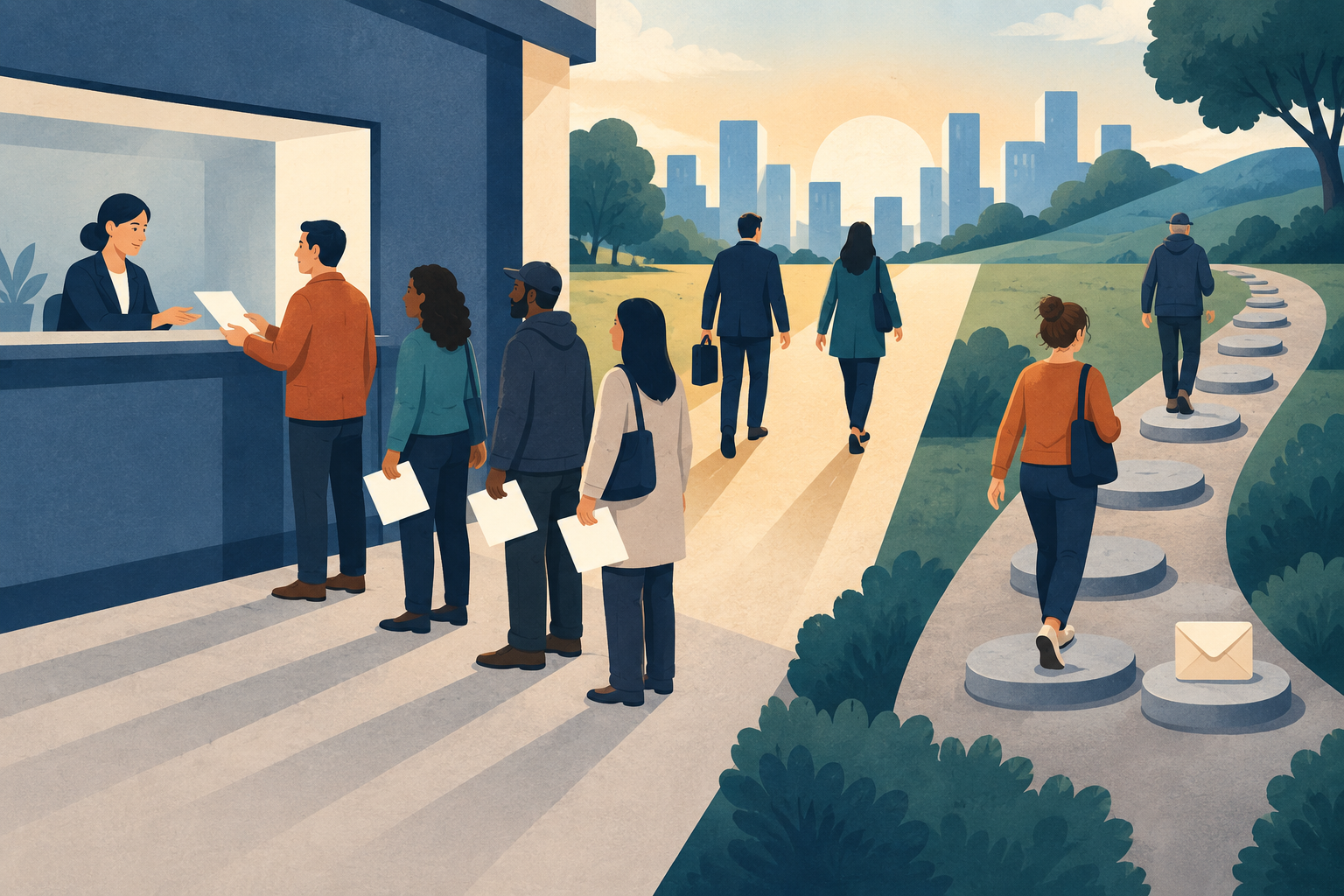 People hand blank forms across a benefits desk while other walkers follow separate paths toward a distant city.