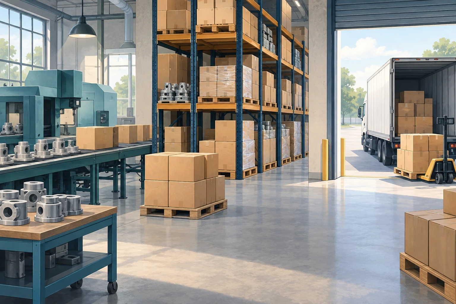 A warehouse links production, storage shelves, and outbound loading as plain boxes enter stock and leave for buyers.