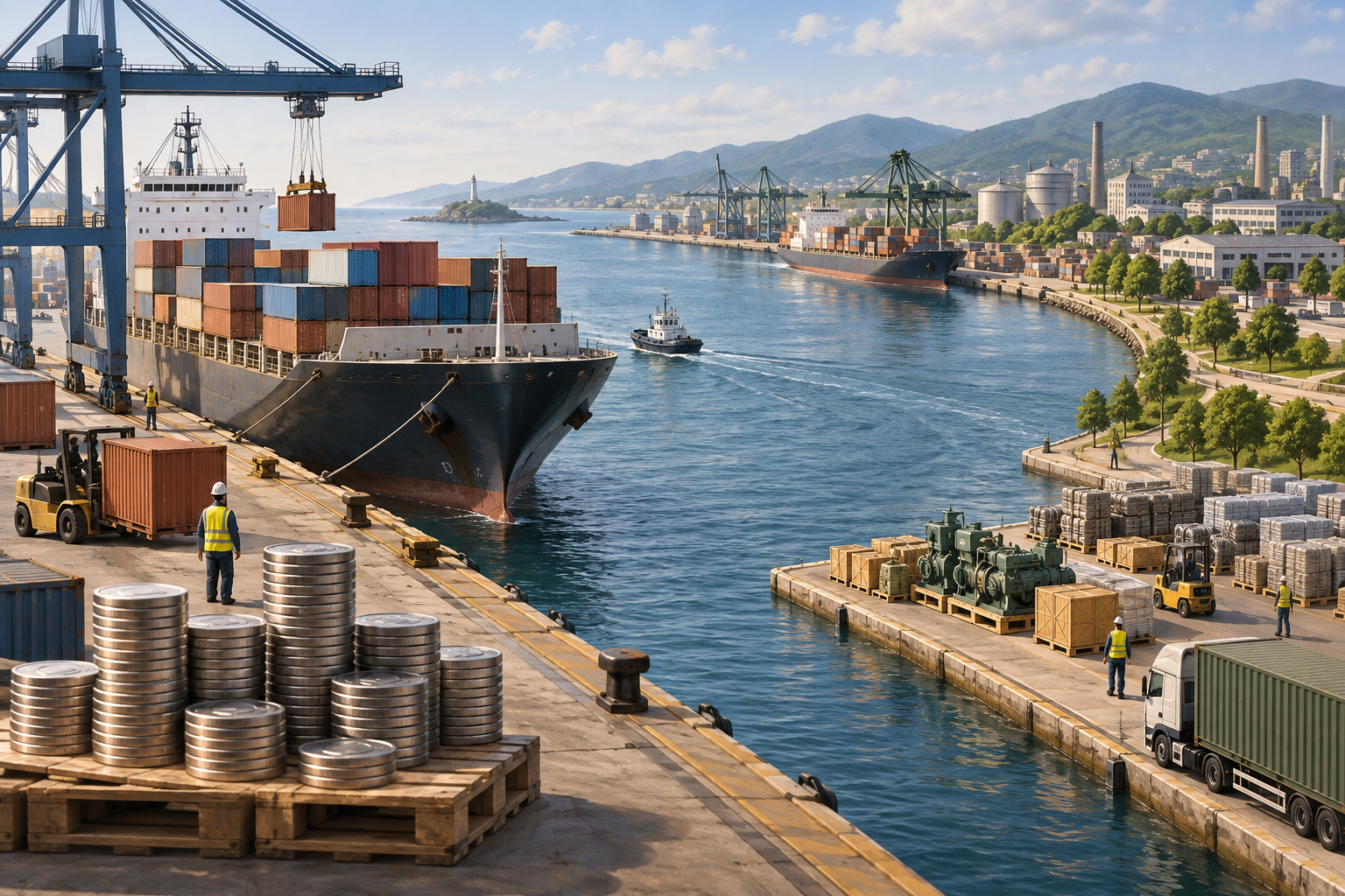 Textlose Hafenszene mit Containerschiff, Kränen, Lastwagen, Industrieanlagen und Münzstapeln am Kai