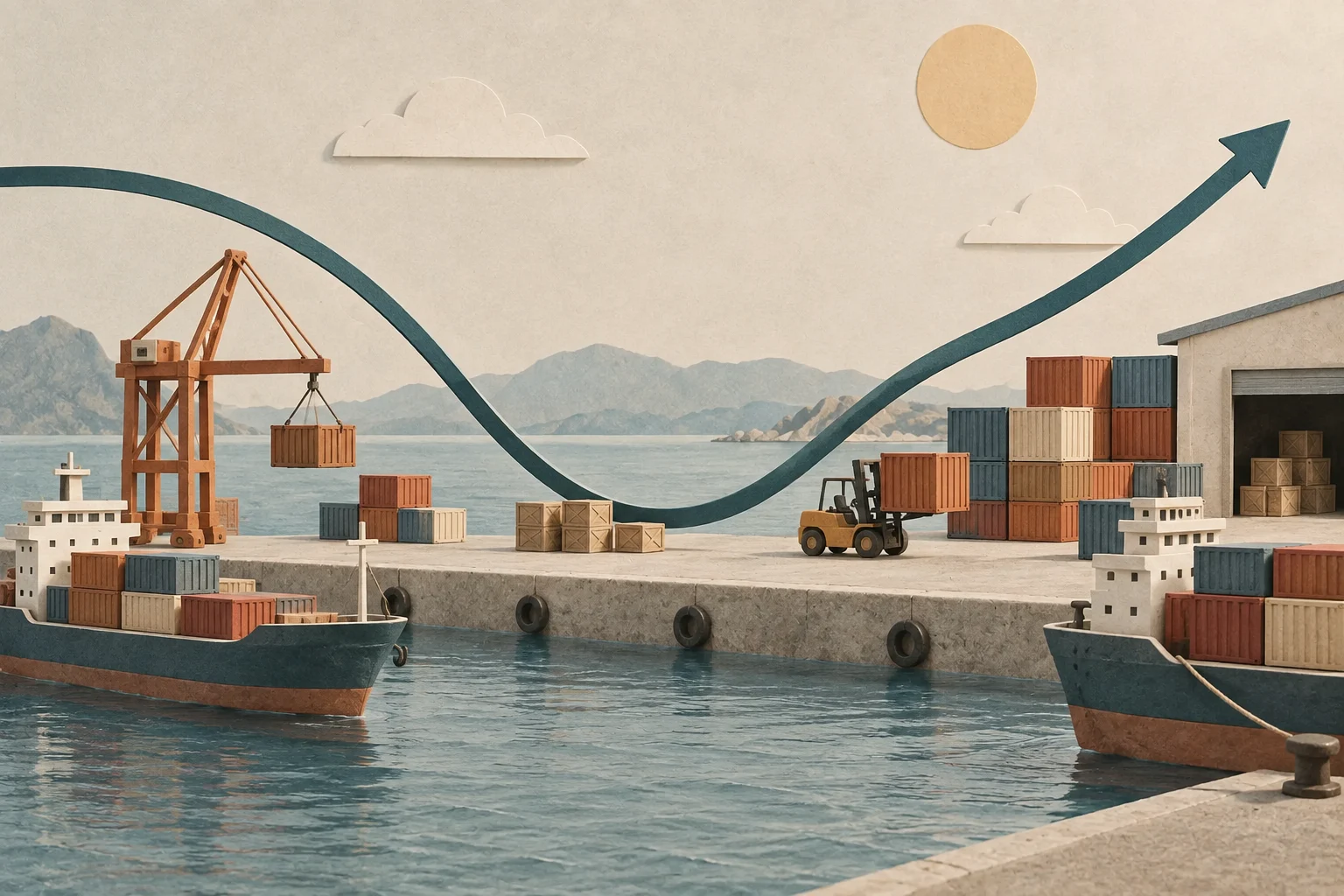 Ein Hafen mit Frachtschiffen, gestapelten Containern, einem Ladekran und Gabelstapler; eine dunkelgrüne Linie fällt ab und steigt wieder