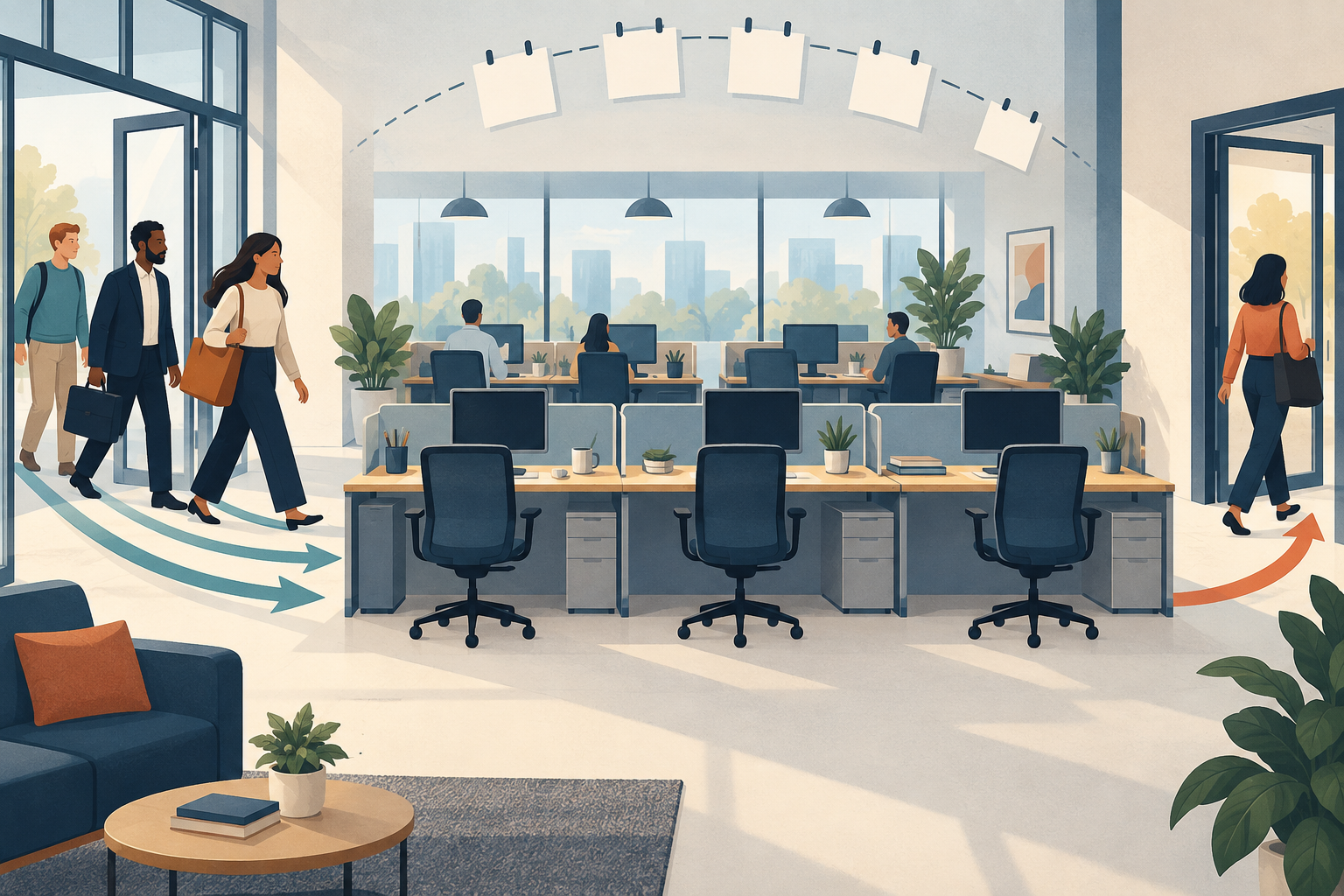 An office has empty desks between rows of workstations as workers enter at one side and another person leaves through a separate doorway.