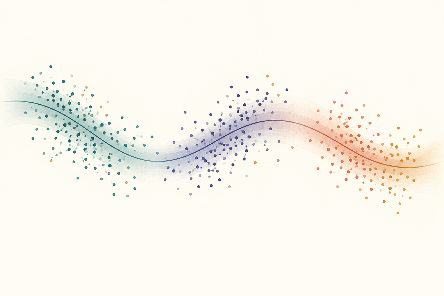 Abstract point clusters whose local orientation gradually changes within a soft uncertainty ribbon; not prices, a forecast, or a trading signal