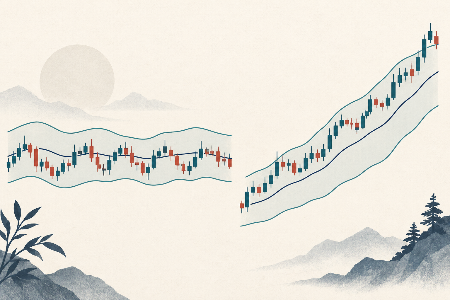 Two wordless price paths inside moving-average envelopes: narrow sideways candles at left and a rising sequence pressing above a widening upper band at right