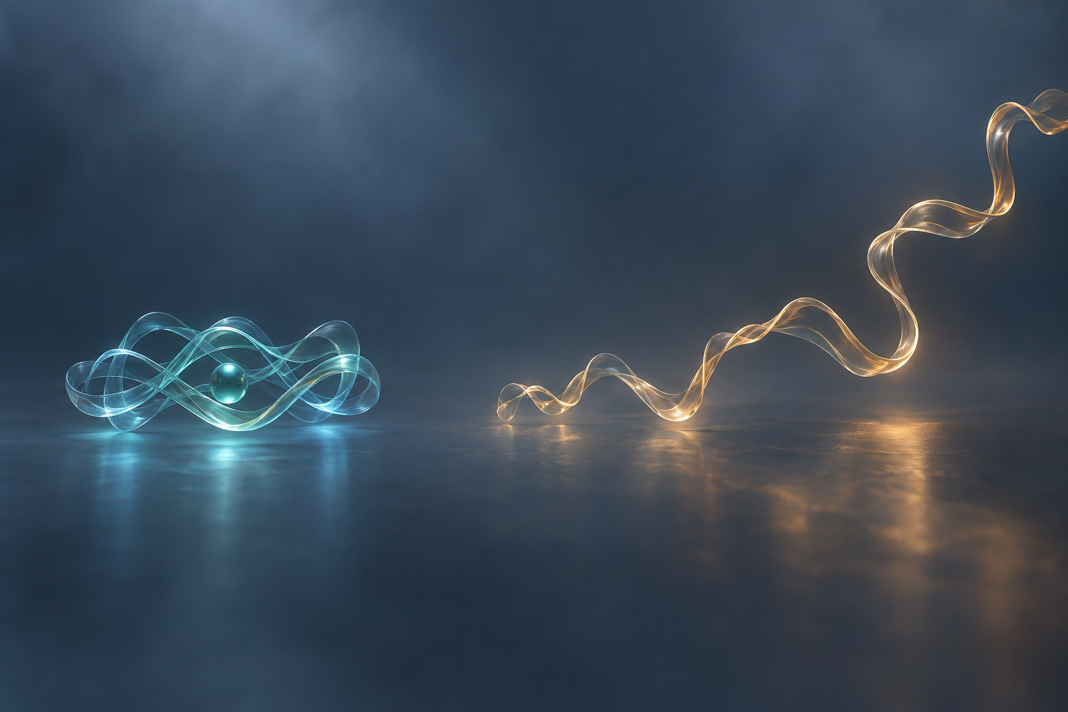 Abstract blue path fluctuates near a fixed center while a gold path gradually wanders away; conceptual only, not observed data