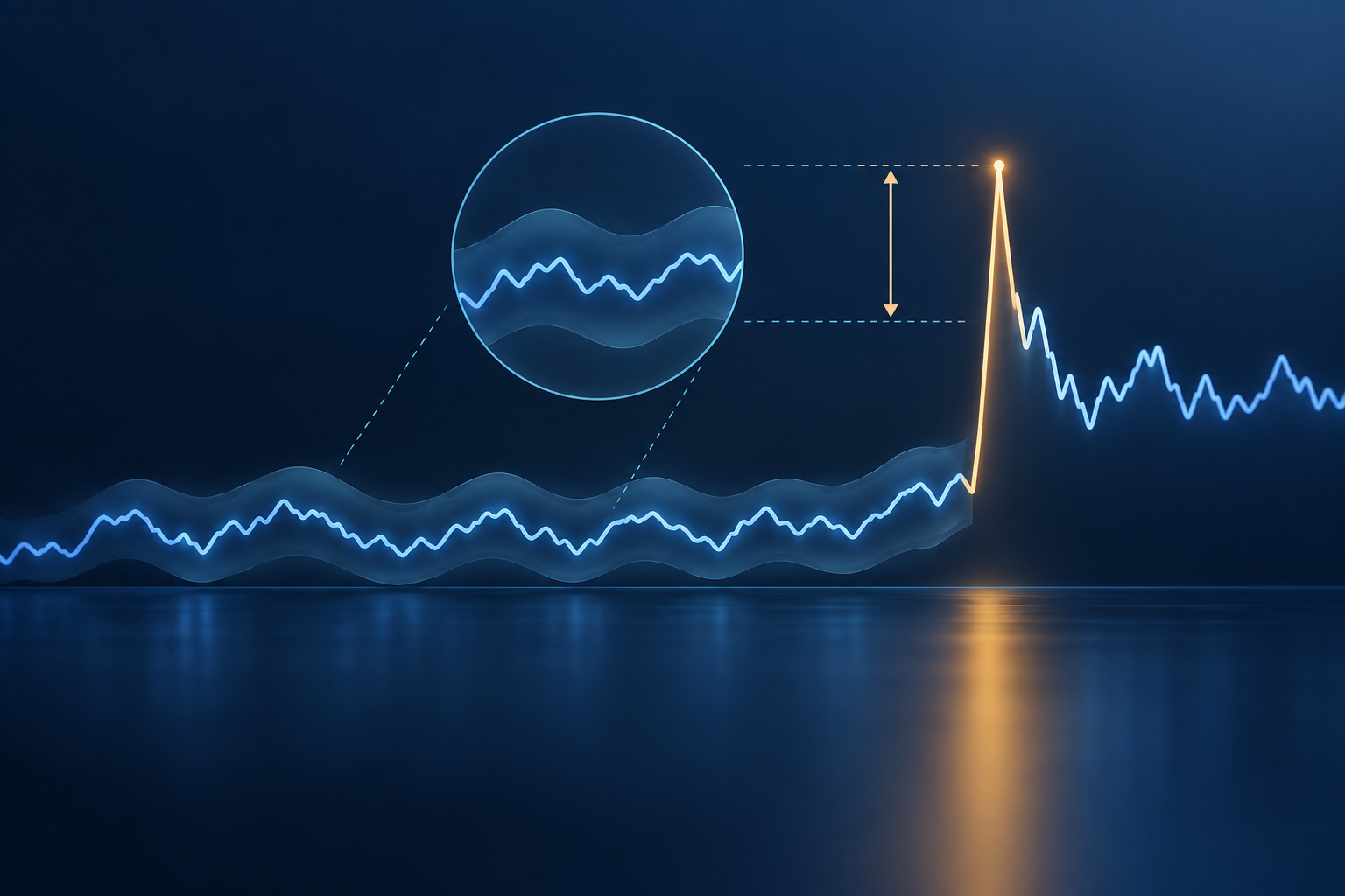 A sharp return pulse rises above small moves while a trailing window suggests local volatility