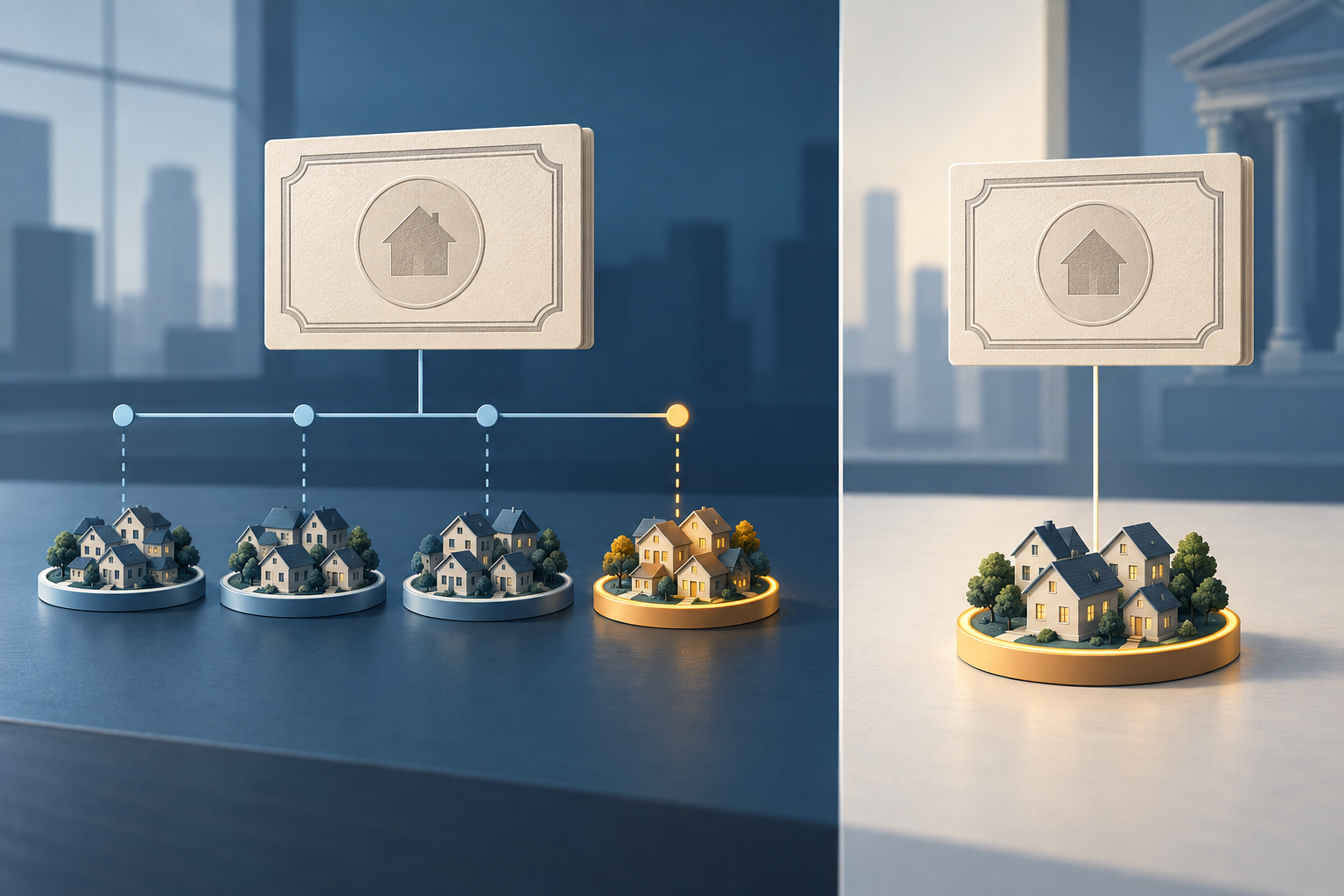 Illustratie van twee MBS-pools: links worden de TBA-voorwaarden vastgelegd voordat één pool wordt gekozen; rechts is de specifieke pool vanaf het begin geïdentificeerd.