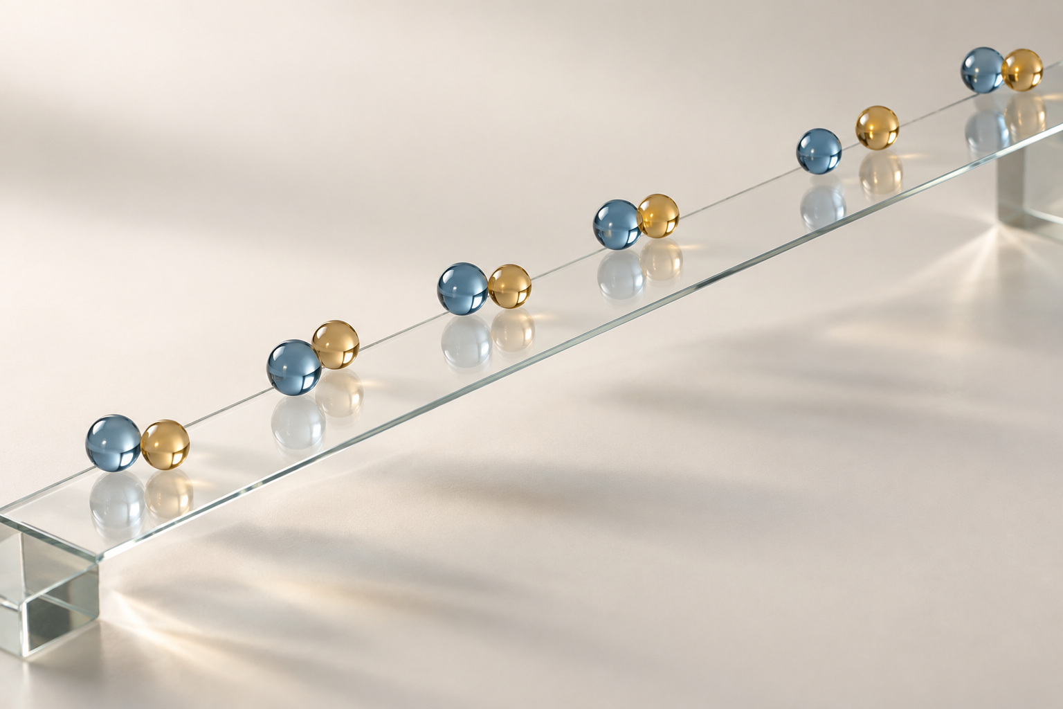 Slate-blue and amber glass spheres align along a clear diagonal plane, with small offsets suggesting forecast calibration