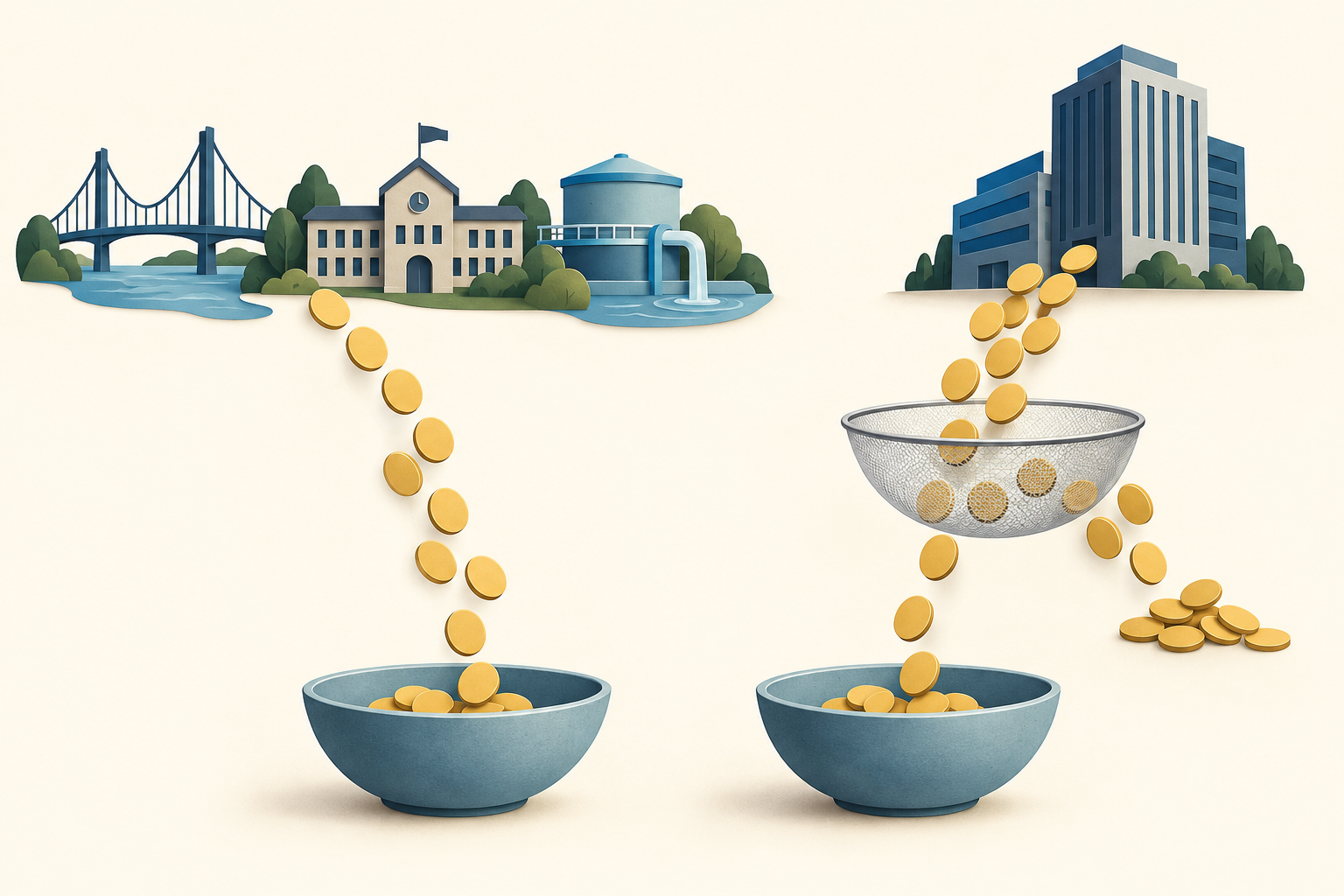 A text-free illustration contrasts coin flows from public infrastructure and a corporate building, with one flow passing through a mesh before reaching a bowl.