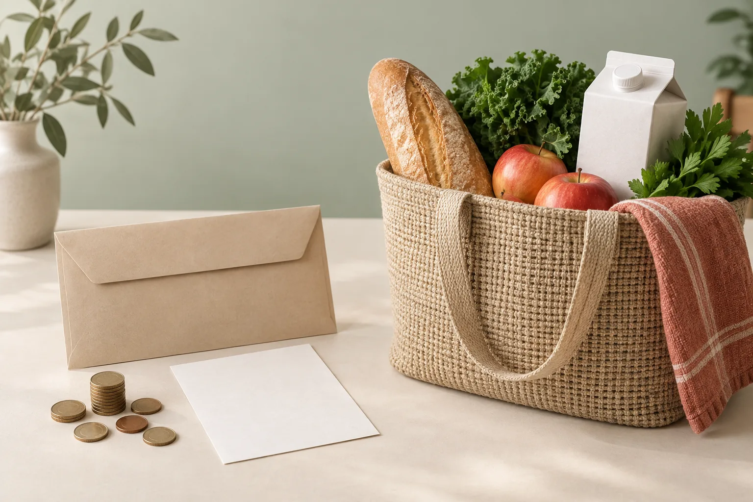 A blank pay slip and envelope beside plain coins and a grocery tote with bread, apples, leafy greens, and a blank carton.
