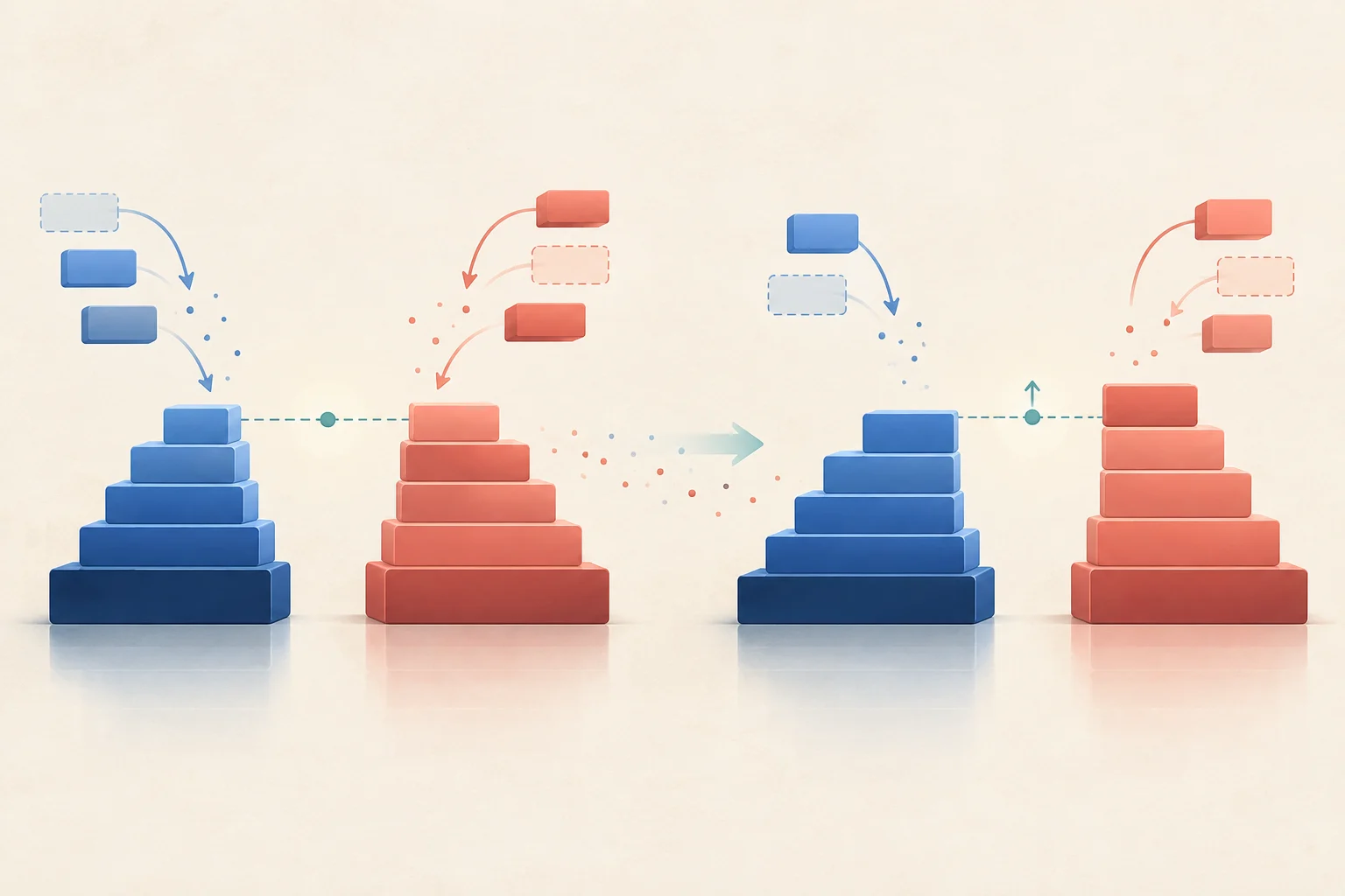 Text-free conceptual illustration of blue bid-side and coral ask-side order blocks before and after queue changes, with a modest midpoint shift.
