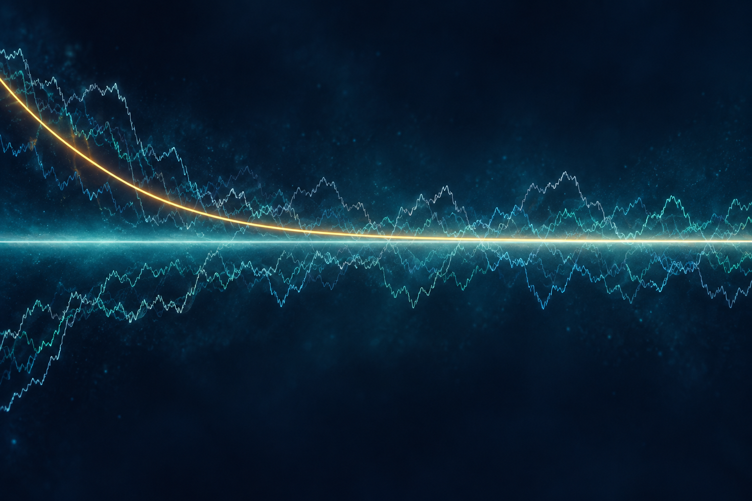 A smooth conditional mean decays while noisy realized paths keep fluctuating around it.