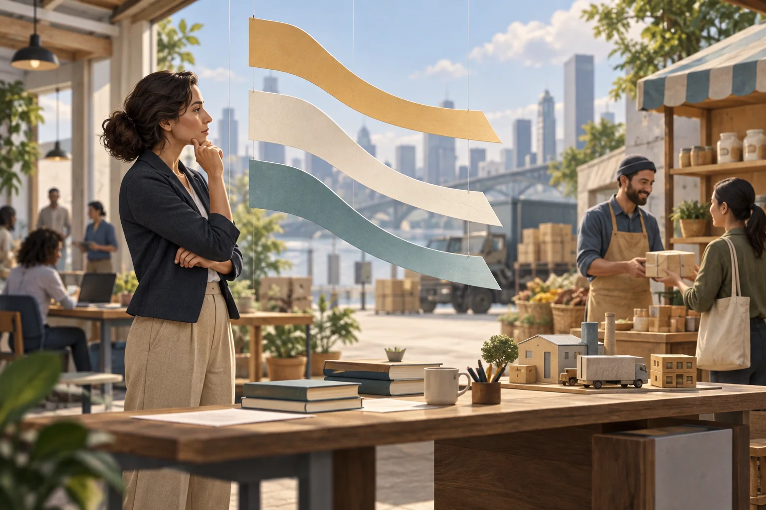 An economist studies three downward-curving paper ribbons at different heights above a workplace and market.