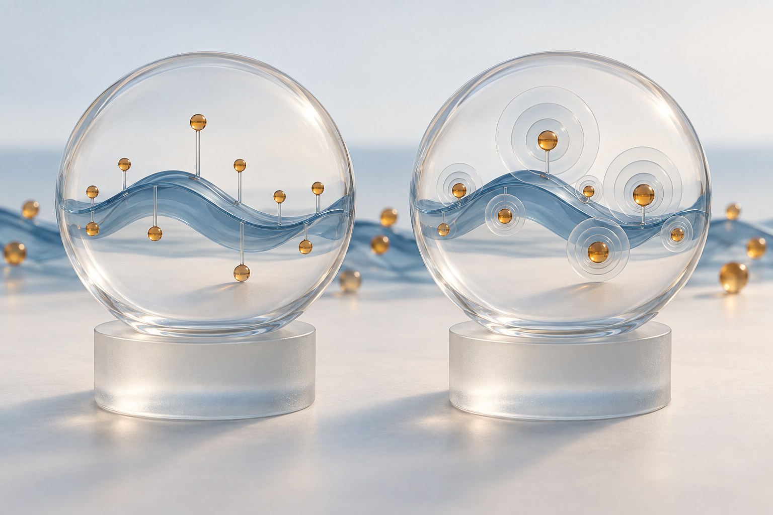 Two clear glass spheres sit side by side, each holding the same rolling blue wave and amber proxy beads; vertical connectors show gaps on the left, while rings around the beads suggest proportional comparison on the right