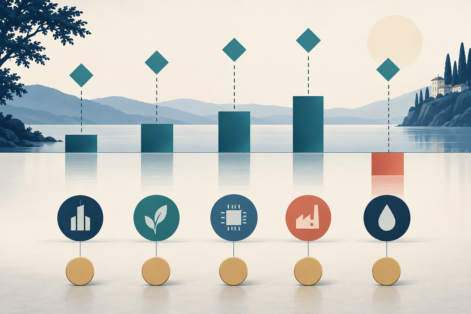Five abstract asset icons connect to diamond markers and return bars: four teal bars rise above a shared baseline and one coral bar falls below it.