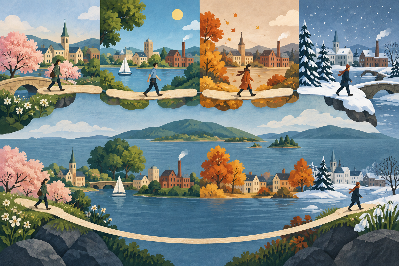 A riverside town and bridge repeat across scenes of all four seasons.