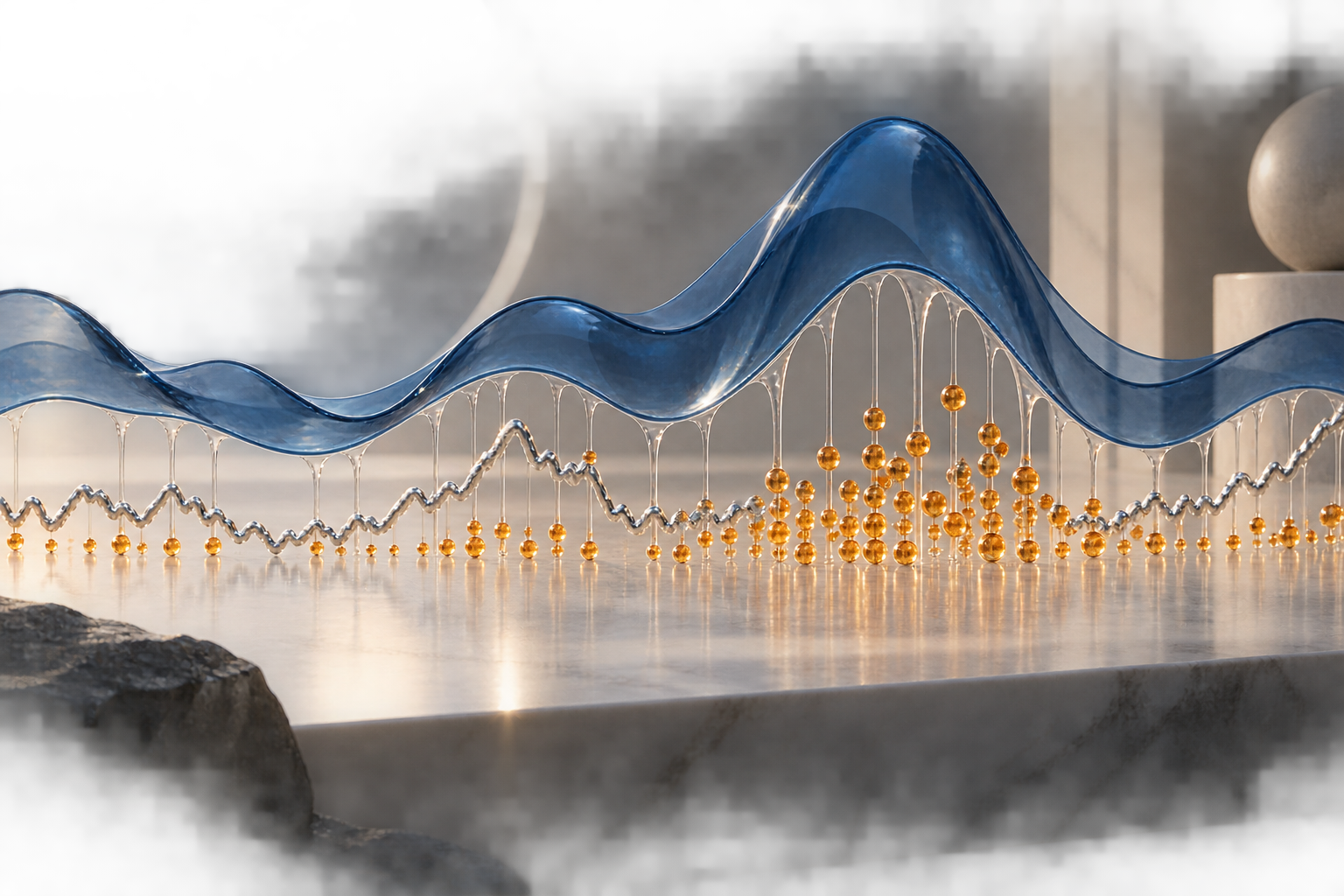 A silver return path runs above a rolling blue ribbon, while clear threads connect the ribbon to amber observation beads of varying density