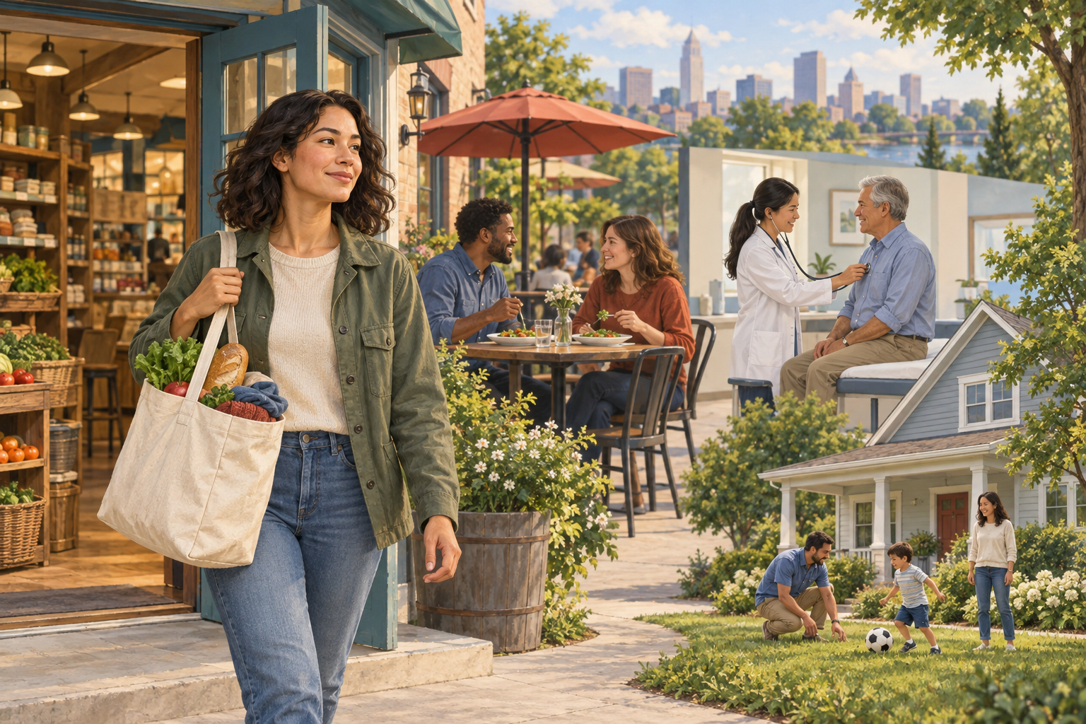A shopper leaves a store with a plain tote beside scenes of restaurant dining, a medical appointment, and a family at home.