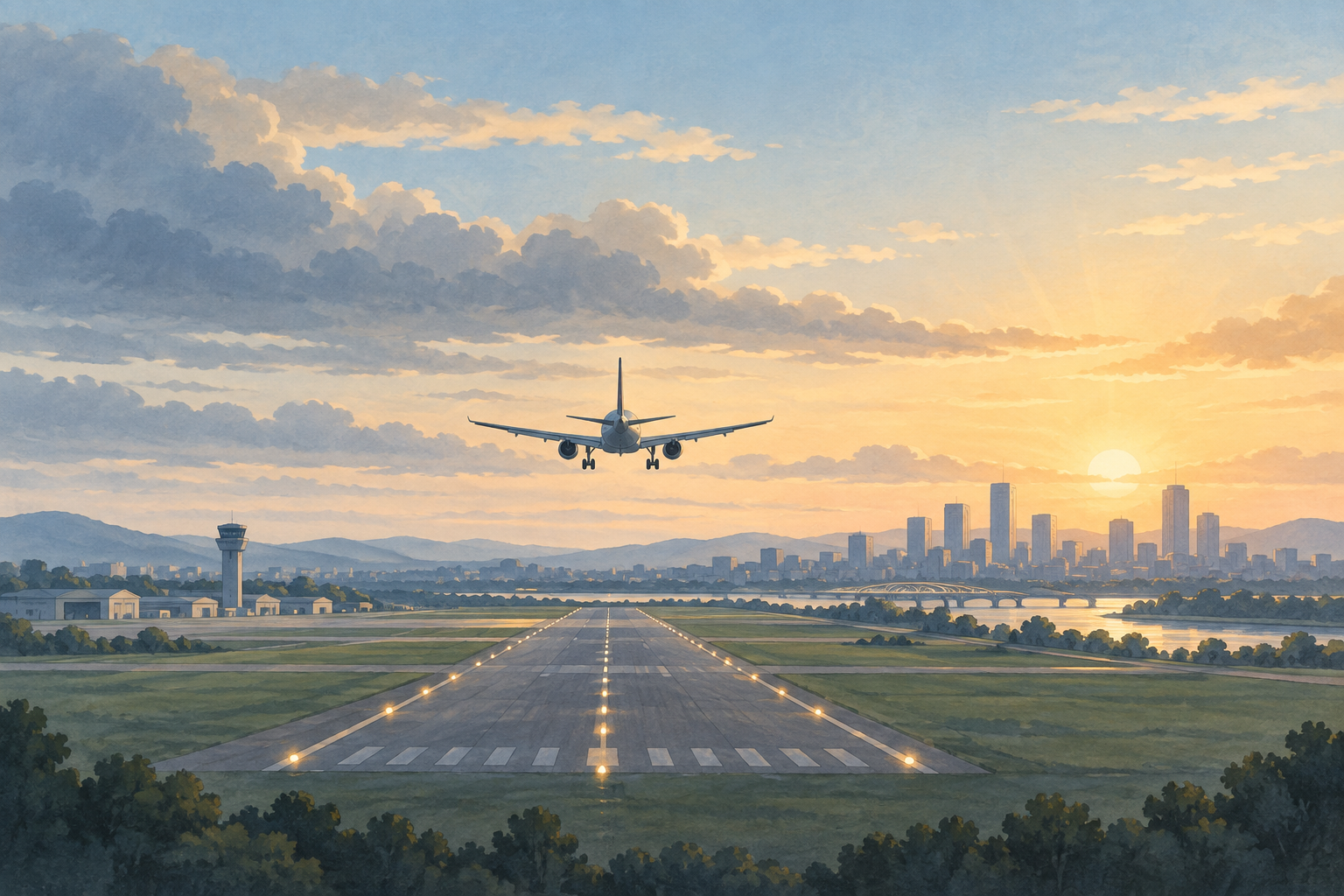 A passenger aircraft approaches a long runway below thinning clouds, with a city in the distance.