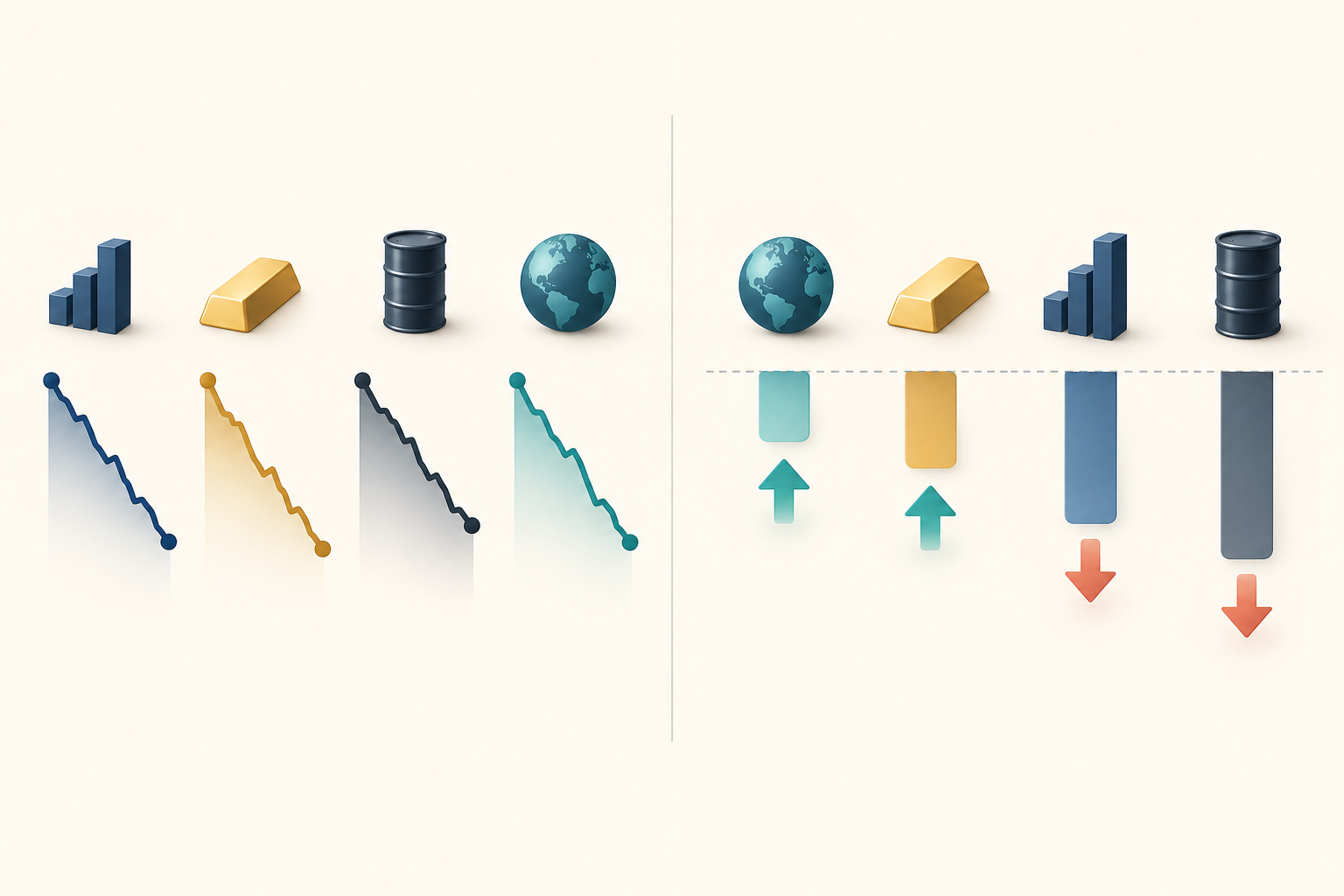 On the left, four separate asset-return paths decline. On the right, all four return bars sit below a shared baseline; teal upward arrows mark the two smaller losses and coral downward arrows mark the two larger losses.