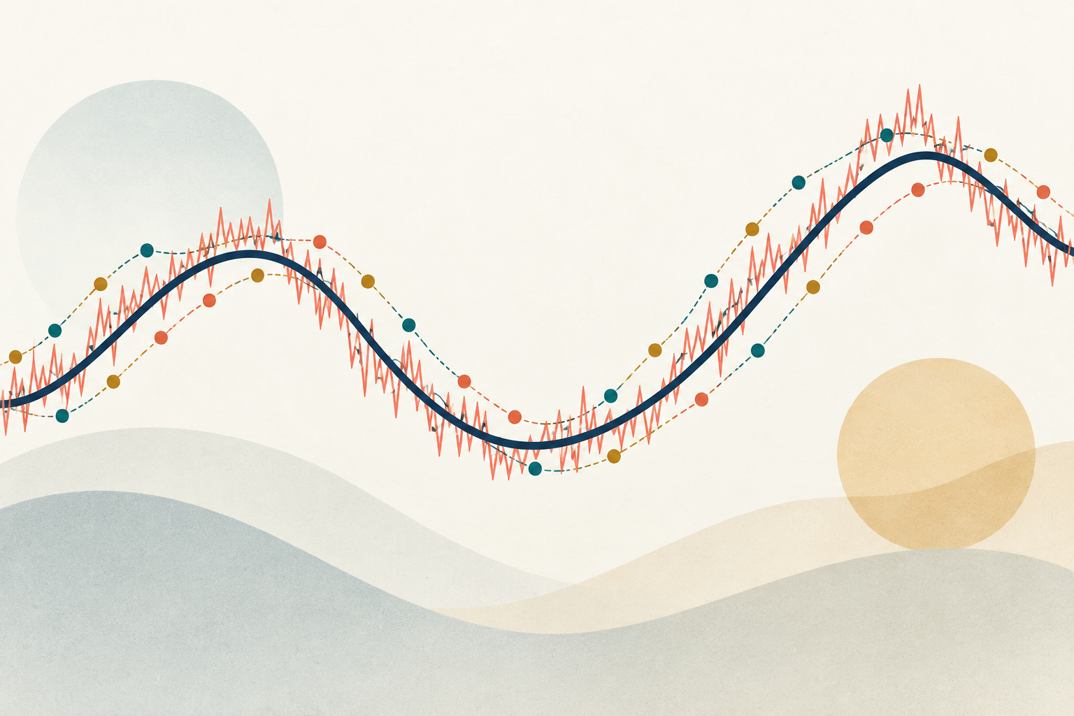 A jagged observed price path and several wider, shifted sampling intervals arranged around a smoother latent path