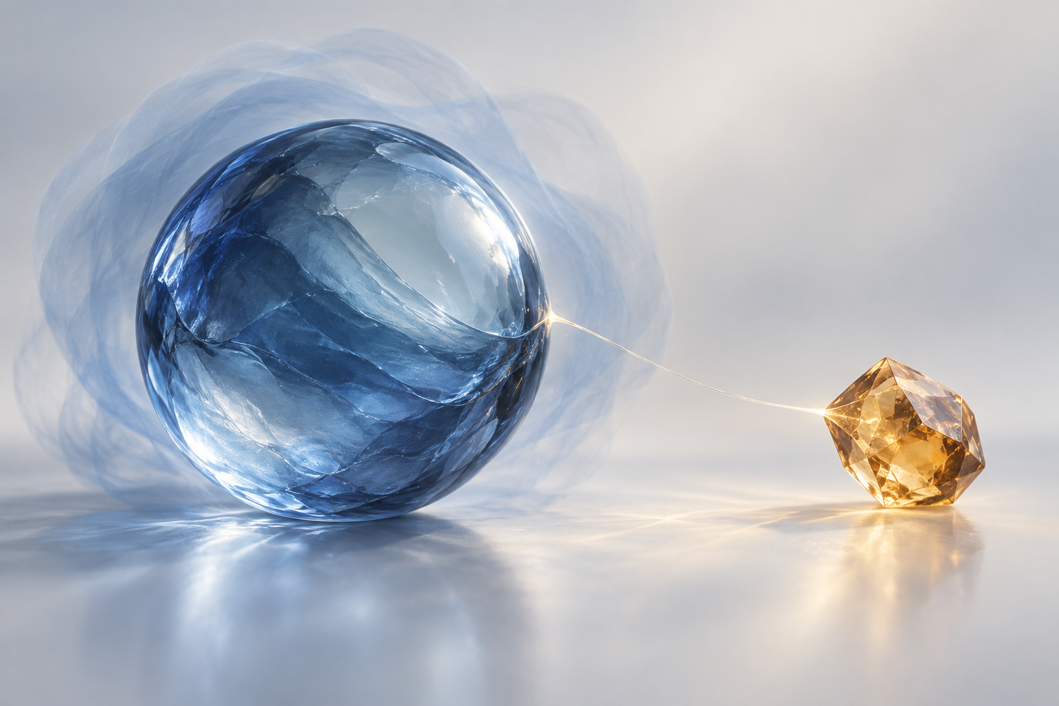 Ein dünner goldener Faden verbindet einen kleinen bernsteinfarbenen Kristall mit einer großen blauen Glaskugel in weitem Dunst