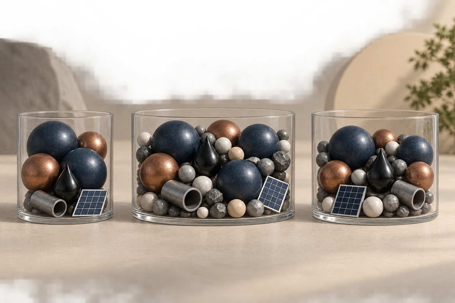 A text-free illustration of three transparent energy-sector baskets with shared large spheres and different smaller pieces, beside abstract pipeline, panel, and droplet motifs.