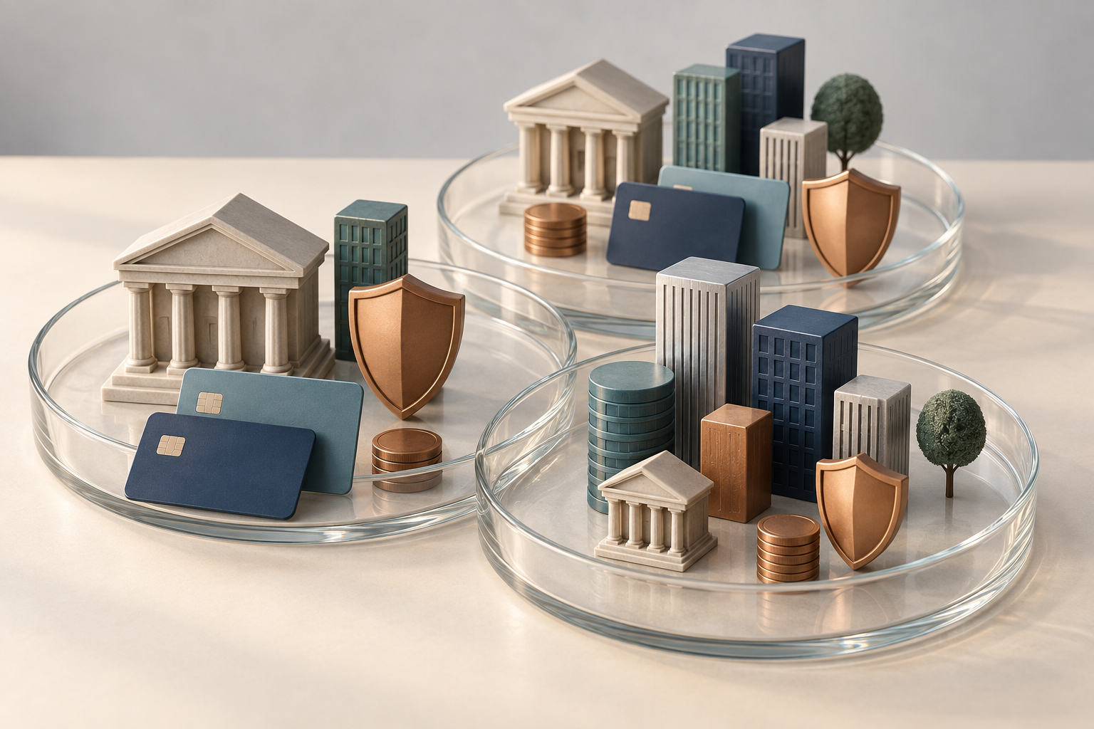 Three overlapping transparent trays contain miniature banks, office buildings, shields, coins, and blank payment cards